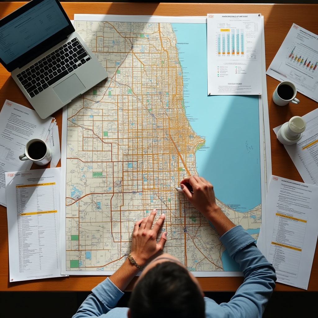 Franchise SEO planning session with location maps and keyword research data displayed on screens