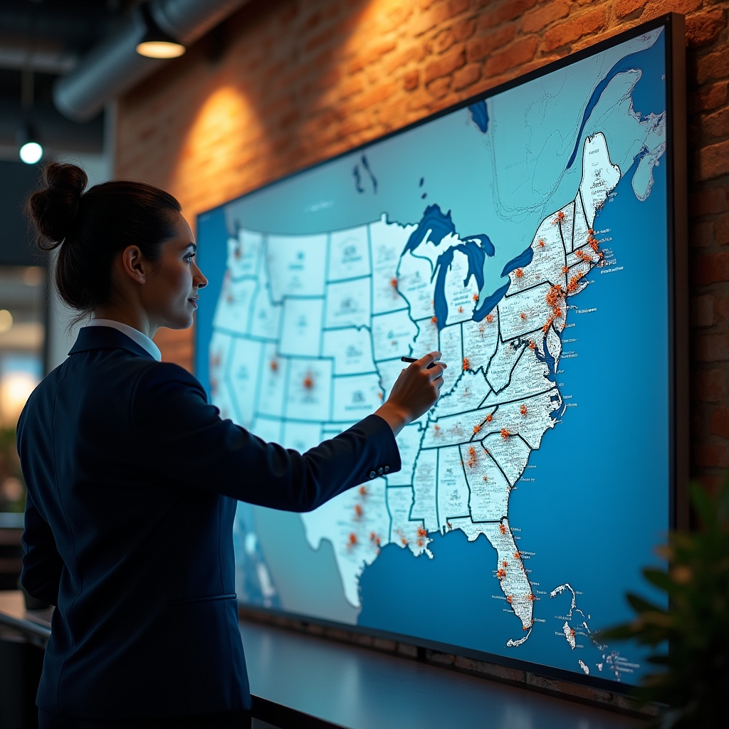 SEO strategy planning session for multi-location business with city maps and data visualization