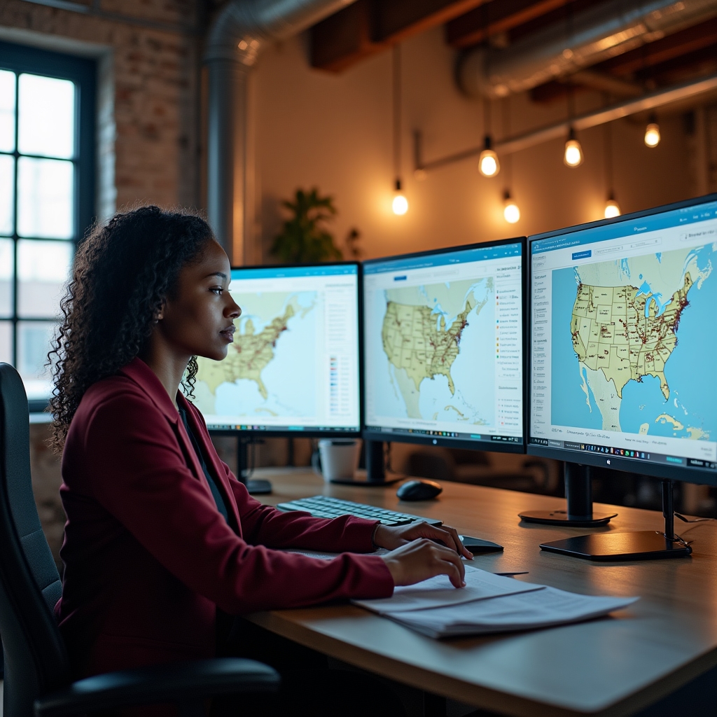 Retail chain marketing analyst reviewing store location performance data and local search rankings