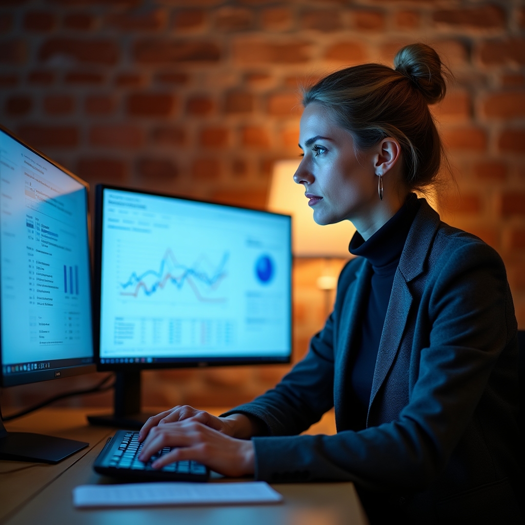 Experienced SEO consultant analyzing location page performance data on multiple screens