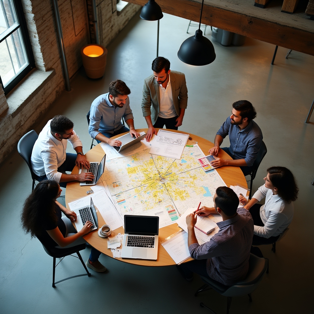 Professional service business team collaborating in modern office space with city views